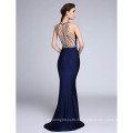 Formal Evening Dress Trumpet Mermaid Jewel Sweep Brush Train Tulle Jersey with Beading